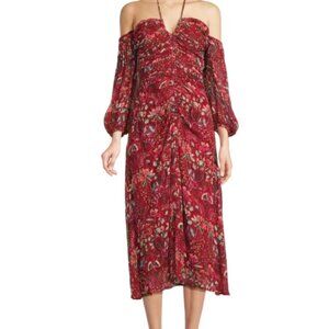NWT Maria Cher Red Berrie Floral Midi Dress with Detachable Sleeve Size Large